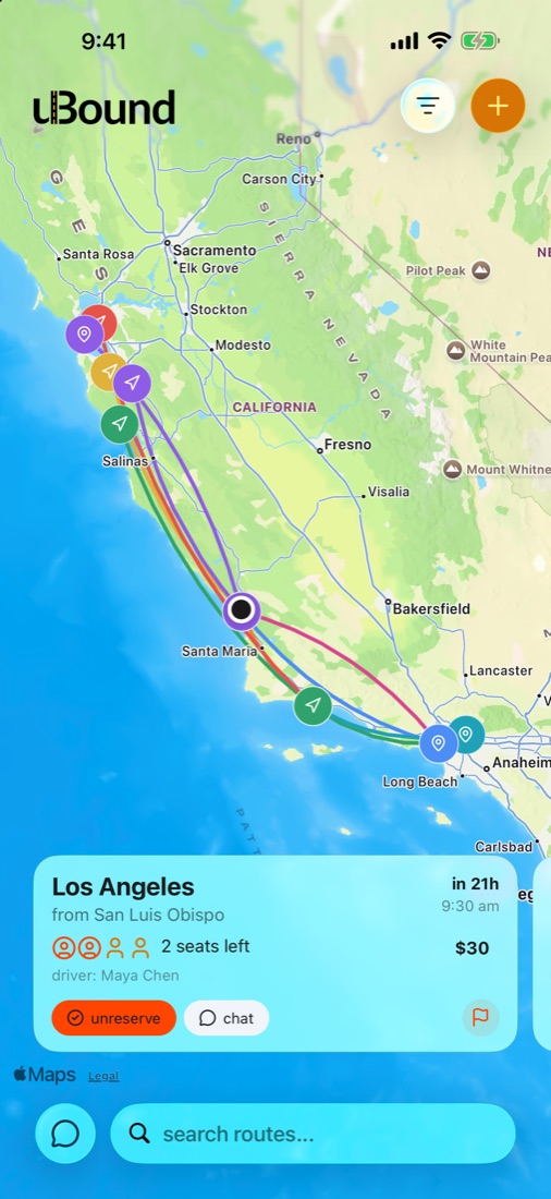 routes across california on the map, with a ride to los angeles selected