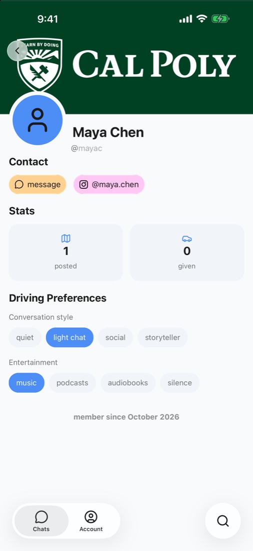 a driver's profile with their school and preferences